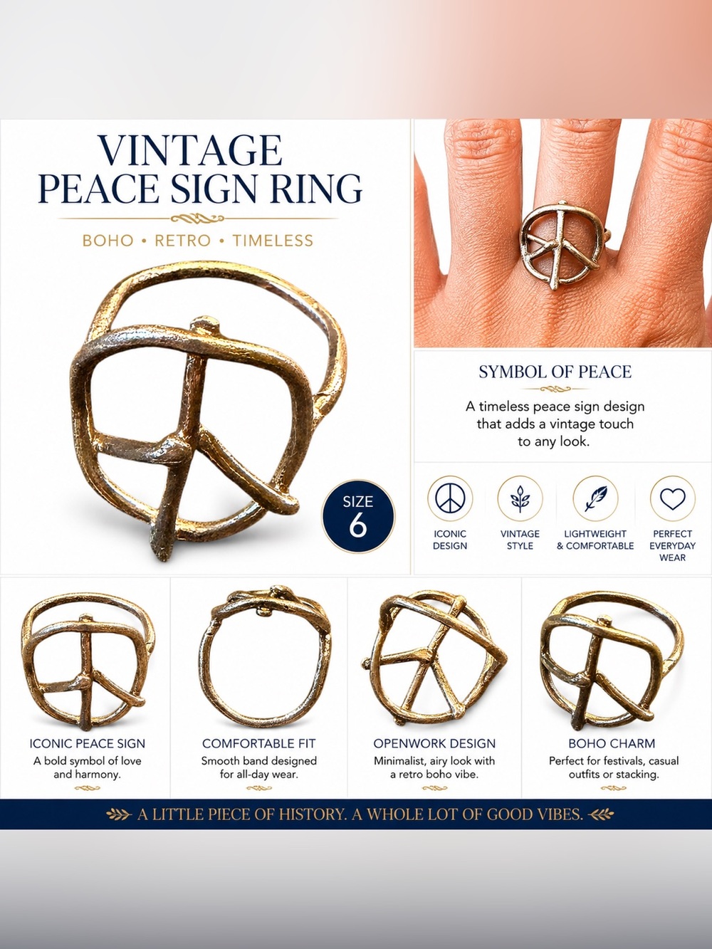 Vintage Peace Sign Ring Boho Hippie Festival Retro Statement Ring Size 6